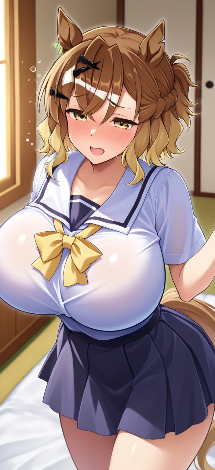 highest quality,wonderful,finely,extremely detailed CG Unity 8K wallpaper, (tentacles sex), (2 large penis:1.2), (1 girl,blonde, Yellow Eyes, Low Ponytail, Scrunchie, Earrings、Wicked Smile), (Grin:1.1), ((Brown Skin:1.3), (gigantic breasts:1.1), (grabbing breast:1.3), (Sailor swimsuit:1.1), (topless:1.1), (open mouth:1.2), (long tongue:1.2)