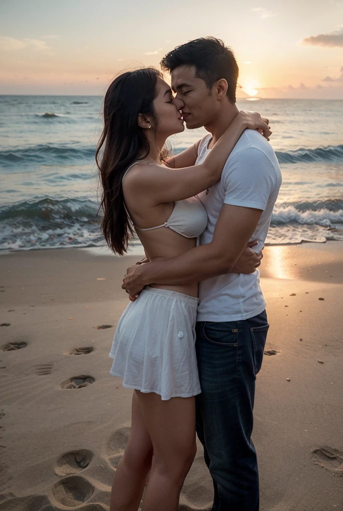 Change background beach with sunset, handsome boy, realistic faces, realistic midium white skin colour to both, boy in black vest and girl in pink Cotton Straight Kurta, realistic photography, 8k ultra hd, eye level camera, liplock kiss