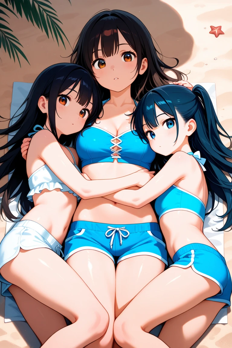 A mother and her two daughters, age 34 and 11、pubic hair、Nipples、crowd、Completely naked、Japanese、Frustrated expression、blush、Standing side by side、beach、peace sign