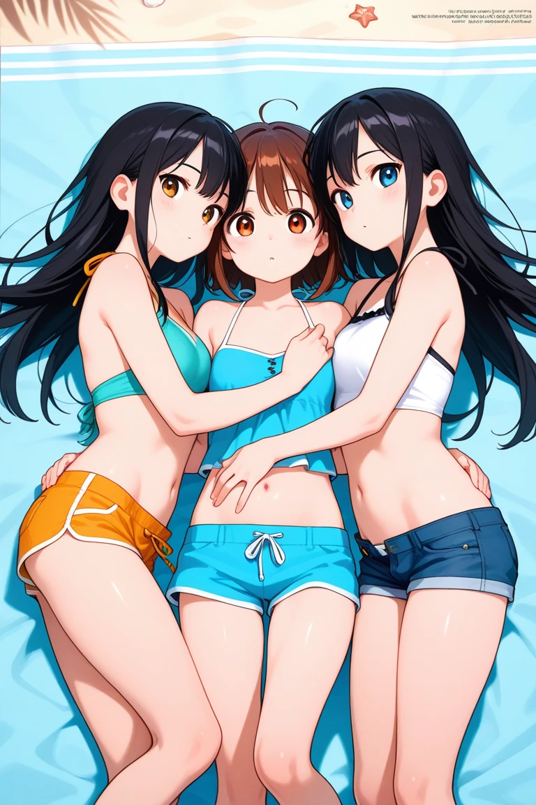 An anime teenager with big black hair and blue eyes with a big ass showing off her entire body in a bikini in a room with a blue bed with cinnamoroll plushies, with his blonde haired, green eyed friend, masturbating watching him in a bikini