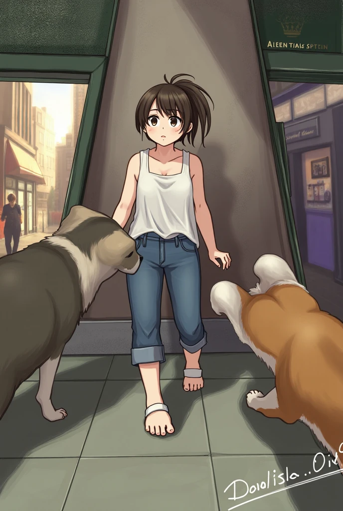 (1man:1.8),group,1girl, (crawl on all fours:1.3),short ponytails,beautiful girl,17 years old,,highschool student,akb48,nogizaka46,small breasts,skinny, brown hair,standing,(The woman is completely naked:1.7),fullnude,pussy,cry,tears,(collar:1.2),(restrained:1.2),(shackles:1.4),bdsm,public indecency,road in residential area,road,,Buildings outside,collar, (leash:1.4),(fullbody:1.3),A man takes a naked woman for a walk,The man holds a leash in his hand that connects to the woman's collar,man is 30 years old,
man is dog trainer,A man is training a woman,from side,