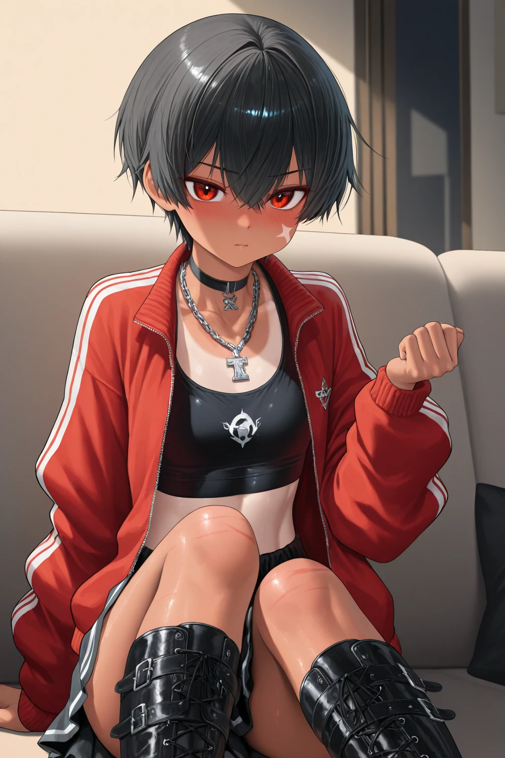 (chica1,cara triangular,ojos rojos,vista frontal,pelo negro,Peinado Top Knot,tanque negro,en la sala de estar,sitting on the couch,Mucho miedo),anatomically correct, piel texturizada,Super detail,Alta calidad,detalles altos,mejor calidad,high resolution,HD,1080P