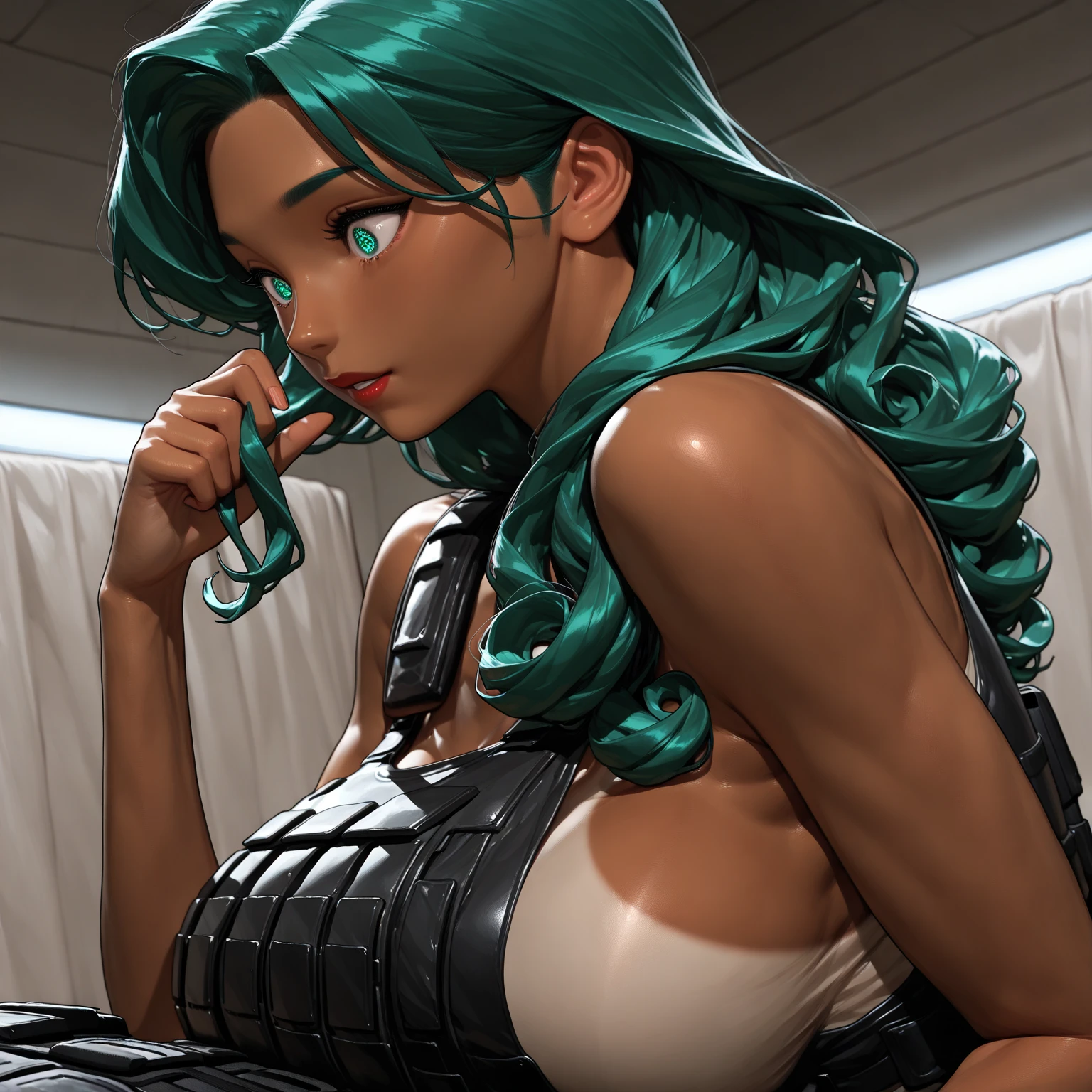 Steampunk girl, anime girl, pixel art, green hair, red eye, 1girl
