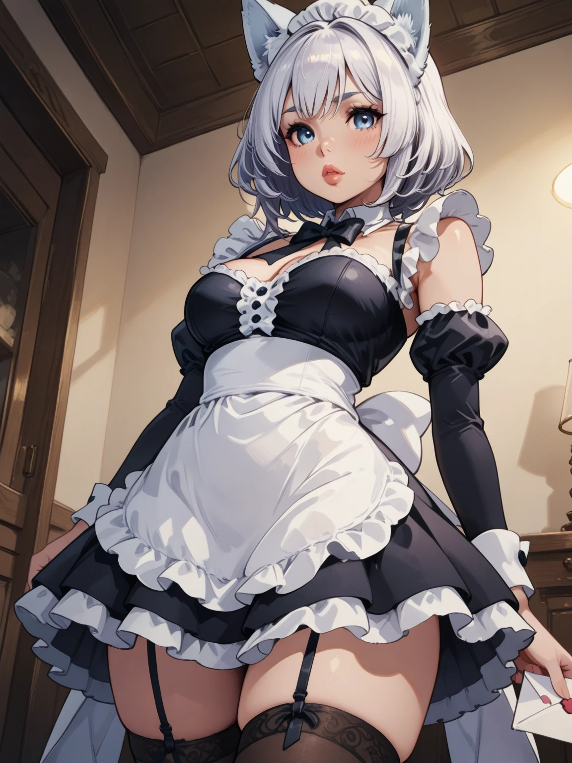 Nsfw, ((((masterpiece, best quality, high resolution)))), 1girl, white hair, purple eyes, short wavy hair, average breasts, blush, light smile, parted lips, glow, thighs, bare shoulders, collarbone, narrow waist, cleavage, (beautiful detailed face, beautiful detailed eyes), long slender thighs, perfect eyes, (maid outfit, maid apron, maid headband), (sunbeam, sunlight, rose, wind, cafe),nakamura regura