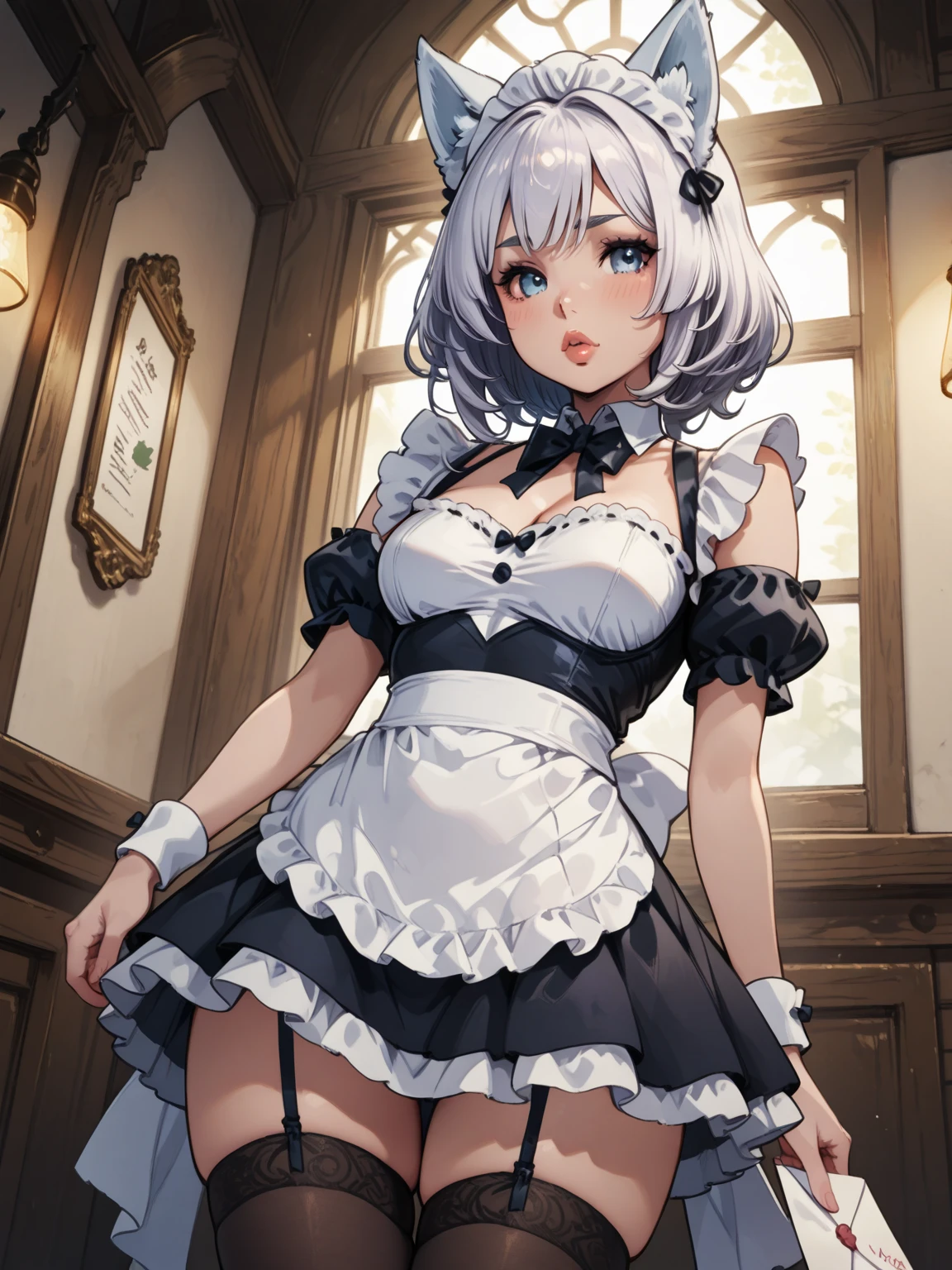 black and white hair, yellow eyes, cat ears, wet maid outfit, visible underwear, angry expression, Ultra detailed, big breasts, humidity, rain, hand focus
