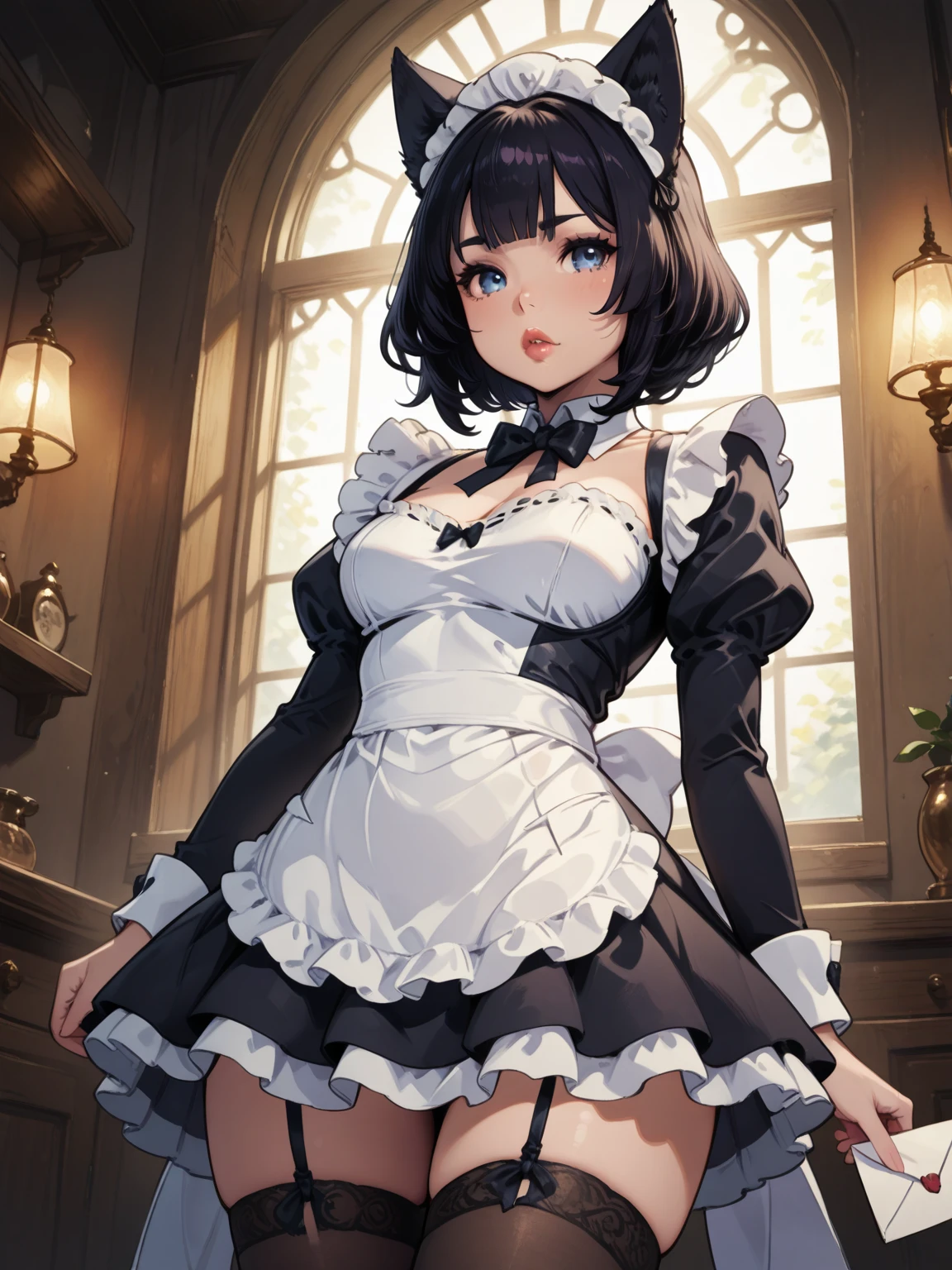 masterpiece, best quality, 1girl, apron, black dress, (black footwear:1), (blue eyes:1), breasts, closed mouth, (dark-skinned female:1), dark elf, full body, hair over one eye, large breasts, (long sleeves:1), looking at viewer, maid, (maid apron:1.1), pointy ears, (maid headdress:1.1), (own hands together:1), (puffy sleeves:1), short hair, (solo:1.5), (white gloves:1)