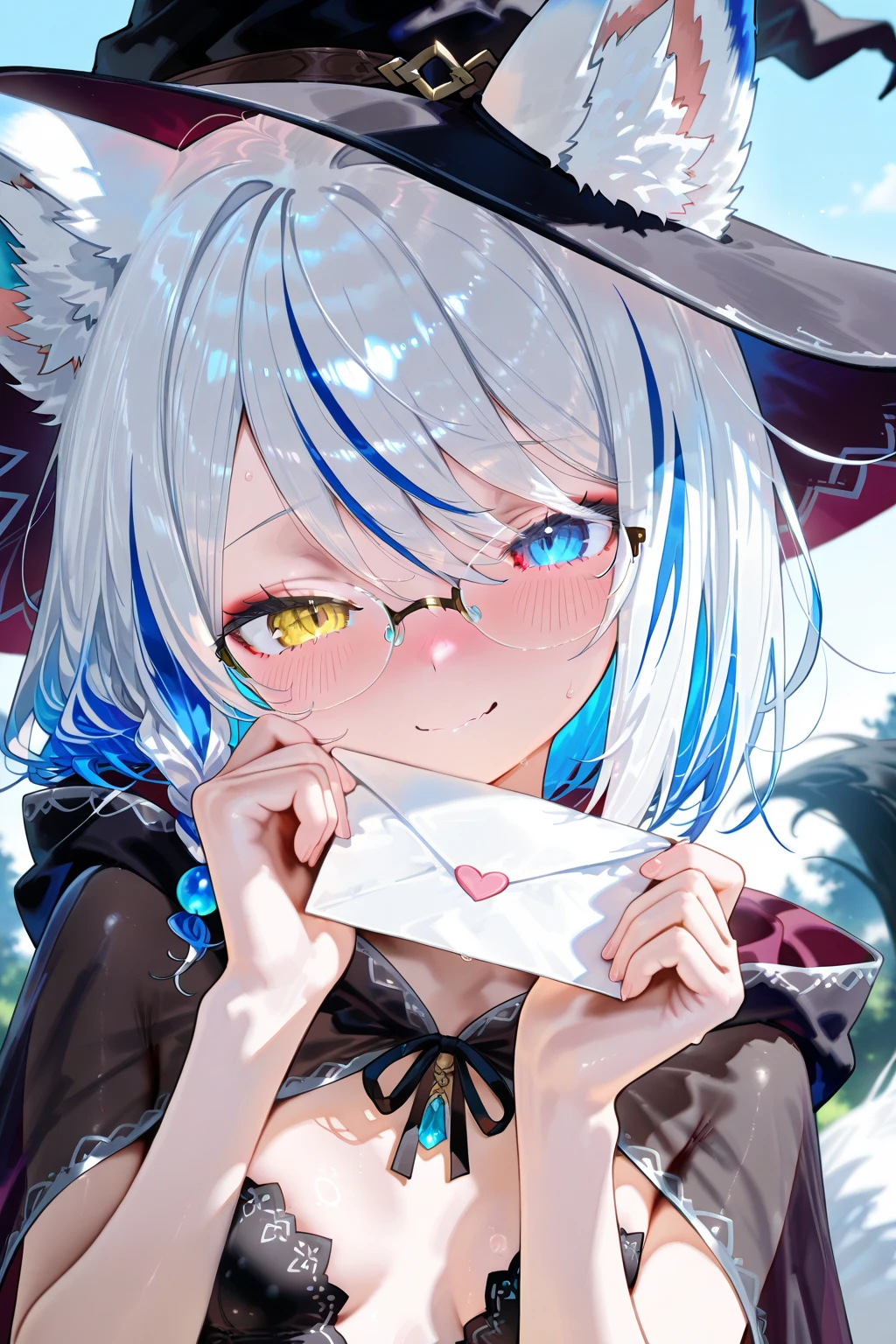 Nice landscape with this character:
A tall boy, Medium long hair, bluish hair, smooth fur, cute eyes, heterochromia of one EYE SEE AND THE OTHER LIGHT BROWN, a star-shaped SCAR on the left eye, somewhat gothic style, attentive, striking, affectionate, bipolar, instead, joker, Enoch, dango and mochi lover