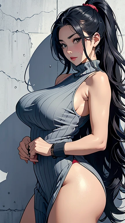 1 milf, long black hair, wearing glasses, big breasts, wearing a tank top (with a black jacket that is not zipped), wearing short pants