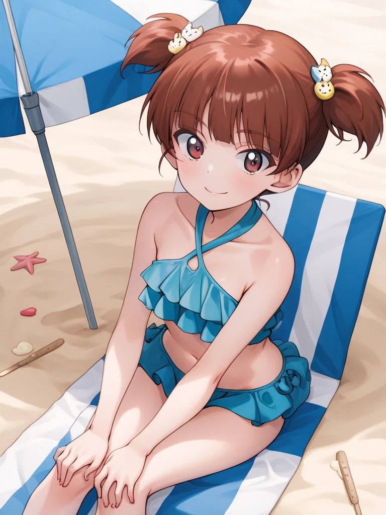 masterpiece,best quality,highres,ultra-detailed,bbjessica,brown eyes,long hair,twintails,hair flower,hibiscus,earrings,necklace,midriff,swimsuit,bikini,blue sarong,sandals,<lora:jessica_albert:0.8>,ocean,sitting,:d,
