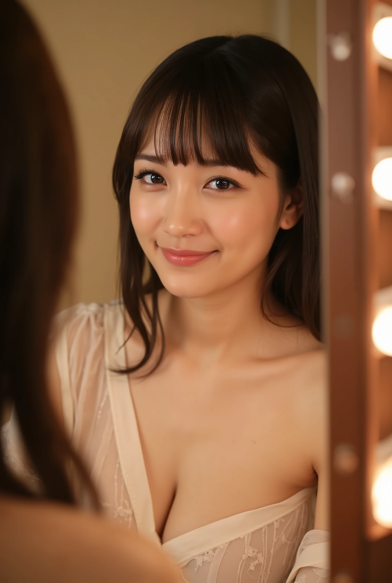 A hyper-realistic close-up portrait of a beautiful Japanese woman in sheer evening wear, sitting near a vanity mirror, one shoulder exposed. Captured from slightly above eye level, she looks directly into the lens with a subtle, intimate smile, as if inviting the viewer into her private world. The background is softly blurred, with warm tones and glowing reflections.