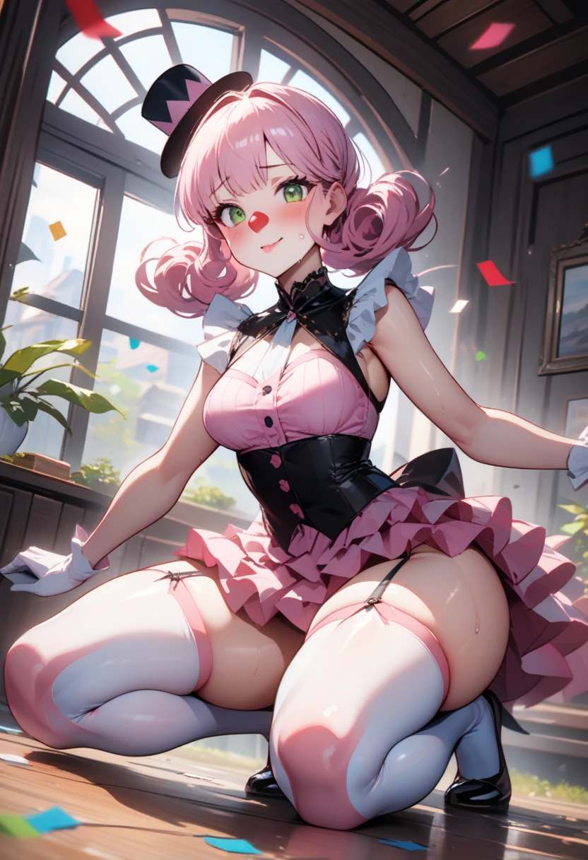 The full body image shows a Goth Woman with harlequin hat, clown face paint, wearing cropped clown shirt, puffy sleeves, puffy crewneck, stomach navel exposed, large breasts, small waist, wide hips, thick legs, black panties, collarbone, clown 🤡, sexy body, it, night circus background, shiny skin, highest detailed, detailed clothes, pastel colors, detailed body, detailed face, back view