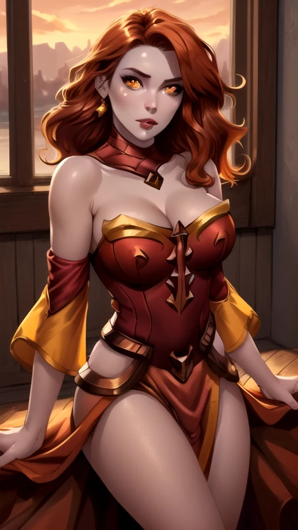 ((big breast, big hips)), beautiful female, long elf ears, redhead hair, long hairstyle, smiling expression, {red} {very big} witch hat, ({red} pelvic curtain dress), {red} long gloves, tight high leggings wear with garter belt, perfect creation, perfect art, highly detailed, detailed art, masterpiece, perfect creation, perfect art,