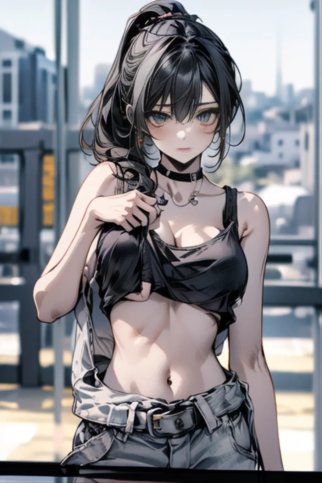 masterpiece、highest quality、Very detailed、An illustration、Beautiful fine details、One Girl、cute、Detailed landscape、Training Room Background:1.4、black Hair、Braided Ponytail、Red camisole、((A cup breasts, Tank top showing underboob:1.3))