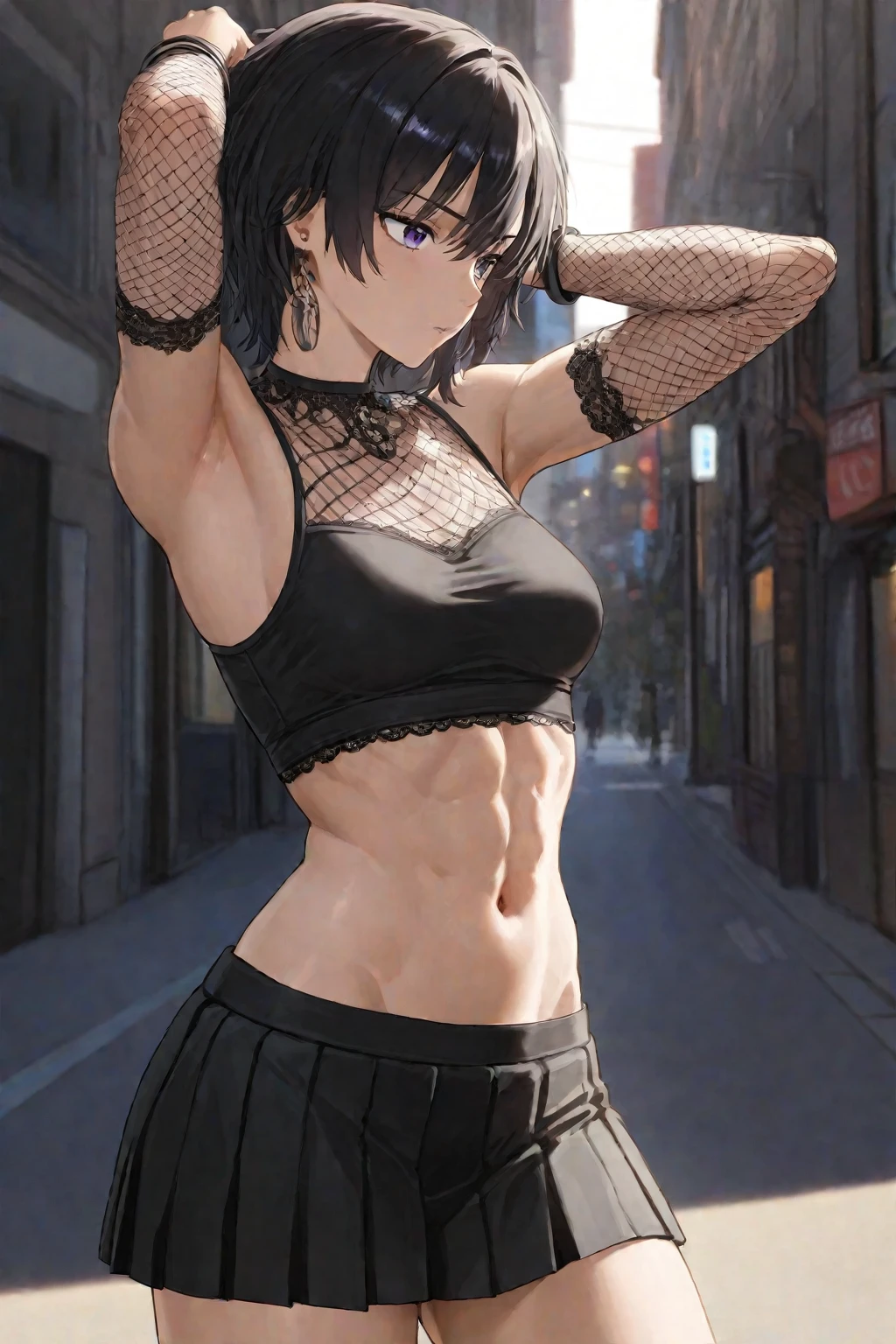 (melhor qualidade:1.3), (quality 4K), soifon, ((detailed face)),((smile)), ((curvy body)), (small breast), sexy, (( cut hair)), ((sleeveless)), ((city)), arms up, armpits visible
