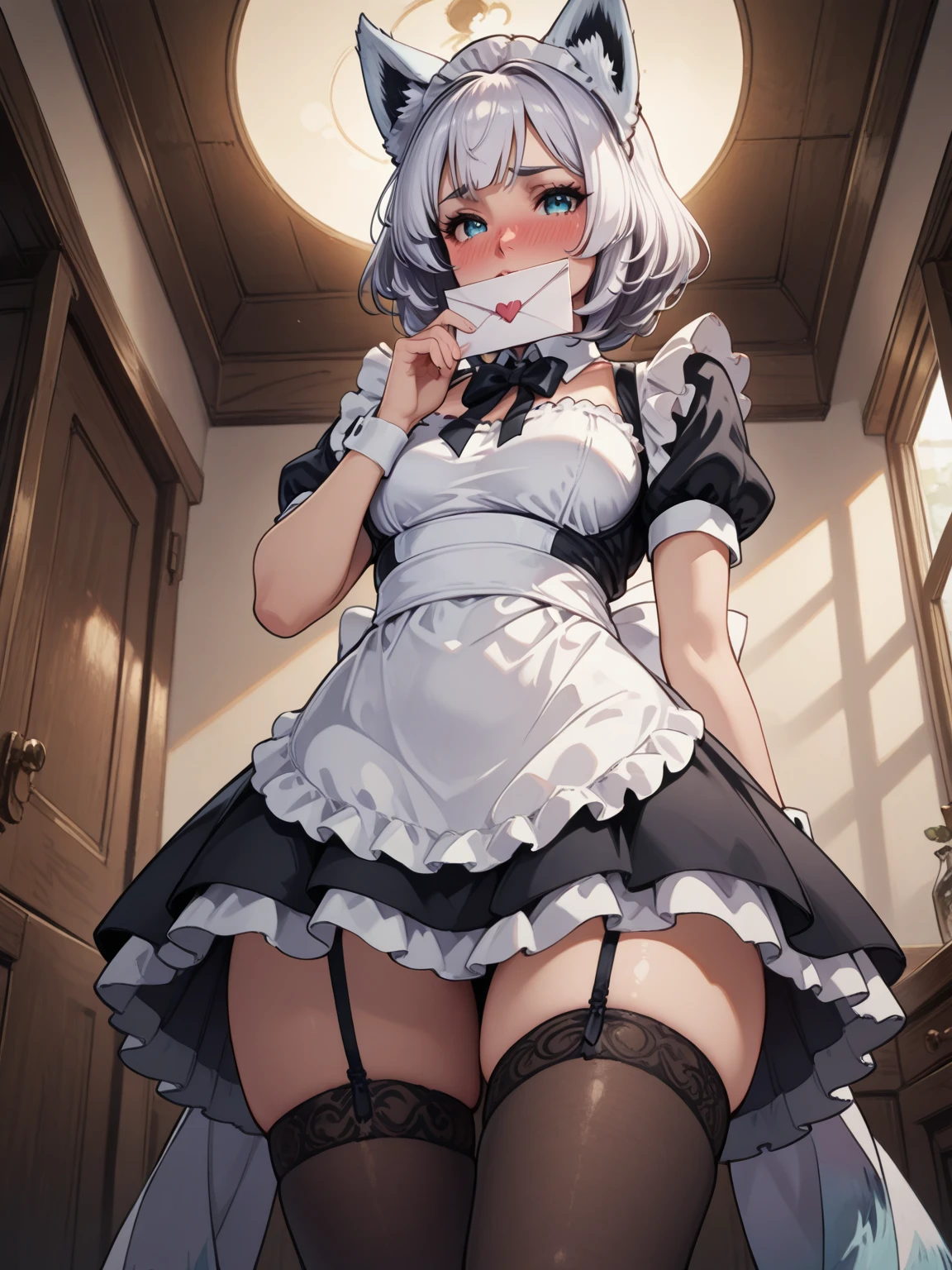 Maid rubbing her tits with an embarrassed look on her face