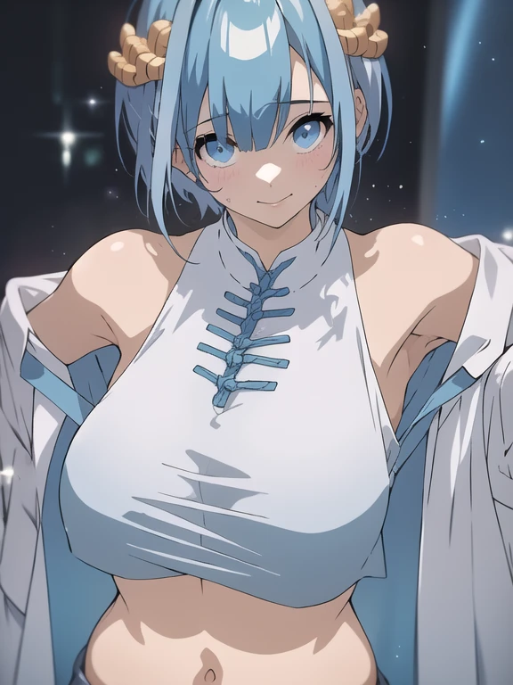 1girl, 2d, anime style, anime screencap, pantyhose, bunnysuit, thigh strap, blue hair, light blue hair, heterochromia, left pueple eye, right orange eye, thick thighs, wide hips, large breasts, bunny ears, smile, light smile, very short hair