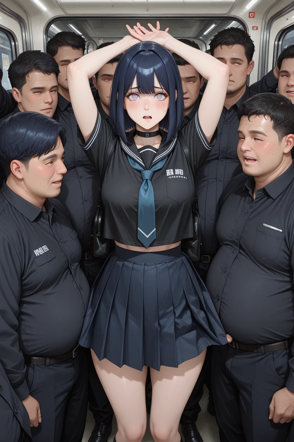 blue eyes, black hair, high res, happy and excited, group hug, penis penetrating pussy in secret, tiny girl, sex not noticed by large crowd, the sex is blocked from view from everyone except the viewer, in the middle of a crowd, people in front of on the side of and behind girl, wearing long wet shirt and clothes with a hole at crotch, big event in s stadium