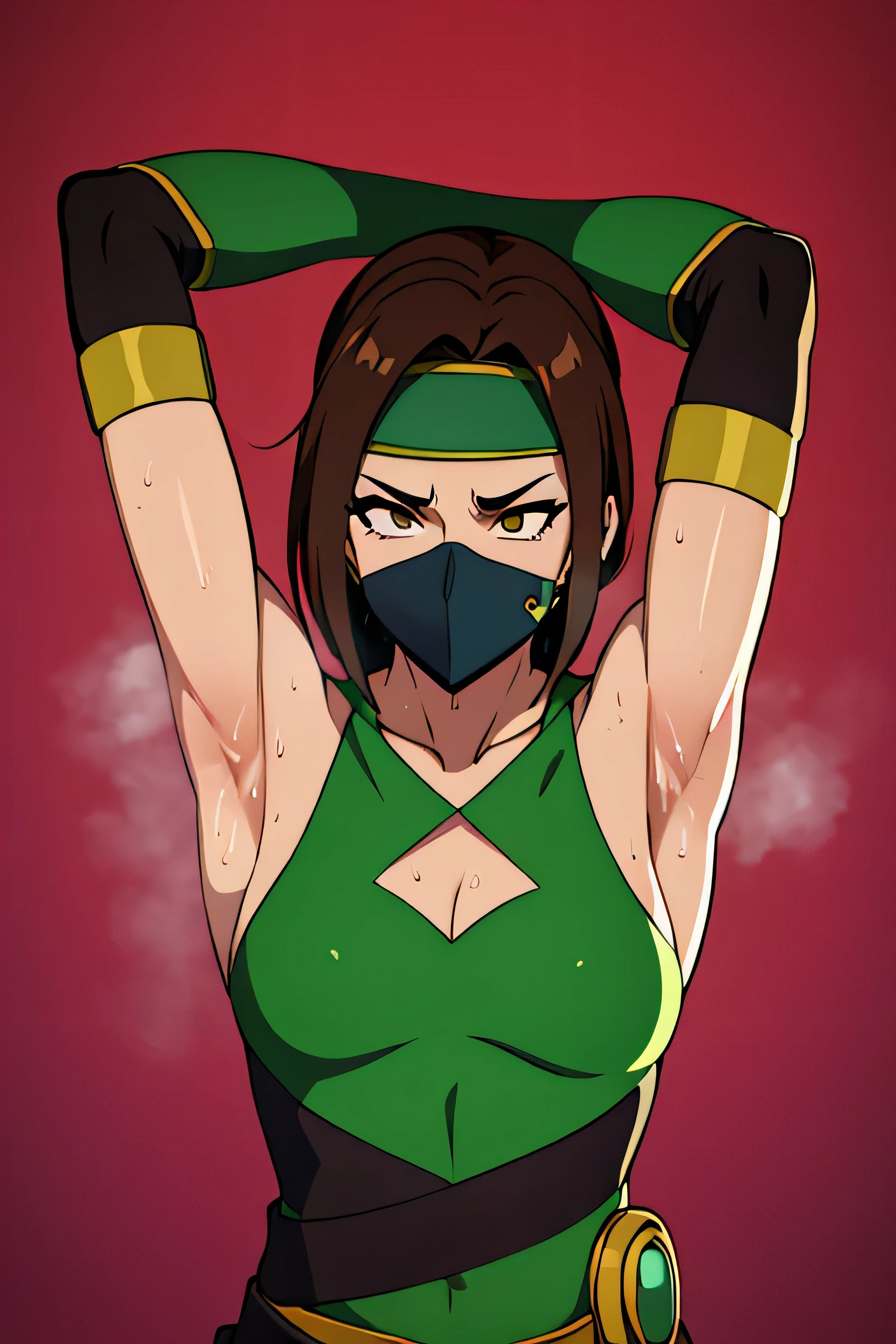 Jade, human woman with wheatish complexion,sleeveless.She has brown eyes and blackish blue clothing. Her hair is blackish brown in color; She is beautiful.Tsundere face.,mature appearance,armpits,sweat,sweaty,sweaty armpits,arms up,showing armpits,awesome armpits,outfit,blackish green arm warmers,blackish green arm bands,black arm warmers, wearing Konoha headband,wearing green face mask