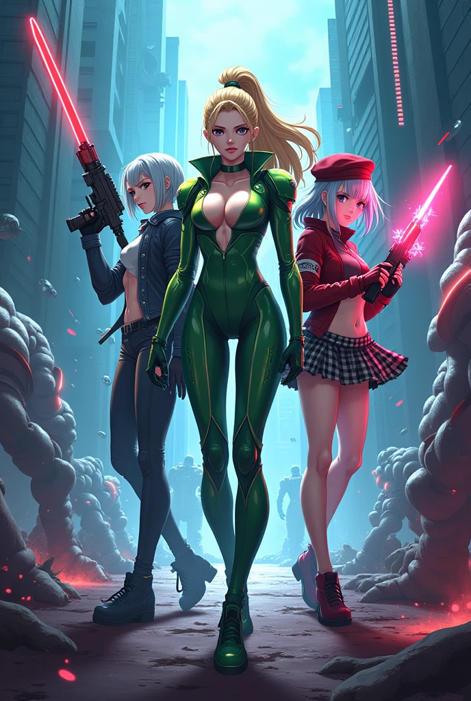 19-year-old Russian women, 2girls, lesbians, fair skin, short blonde hair, buzz cut, dressed in a green minidress, clubbing outfit, apocalyptic wasteland, daytime, good lighting, desert, rusted hulks