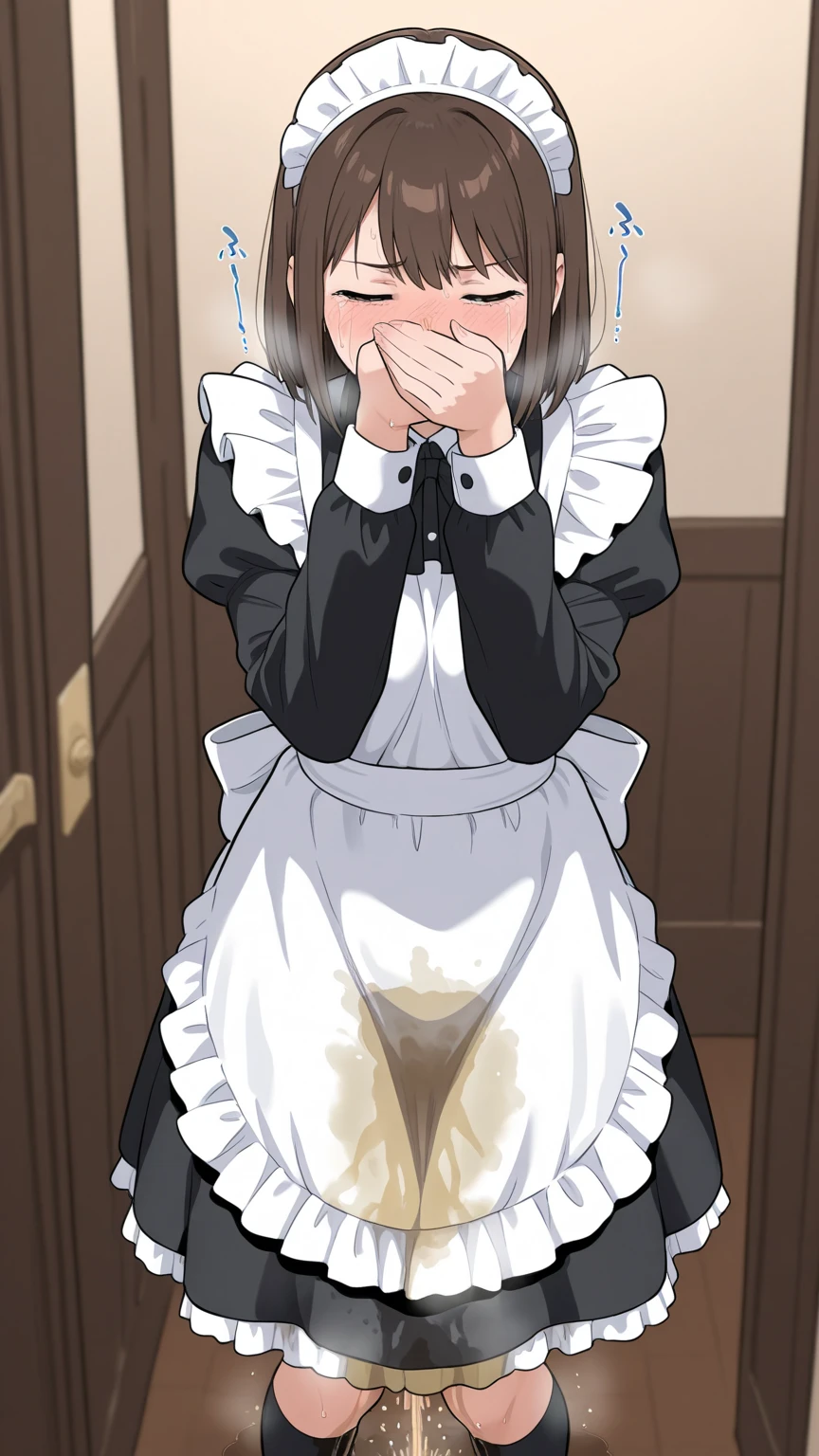 {Highest quality}. {so beautiful}. {Super detailed}, {Best illustrations}, Browsing Caution、((Shaded face))、Big penis、A woman drooling after having urine splashed on her face、Face sitting、((女性がBig penisを顔に押し付ける))、Small breasts、Bob Hair、Brown Hair、Forehead、Baby Face、semen、White skin、Focus on the face、Maid clothes、Public toilet