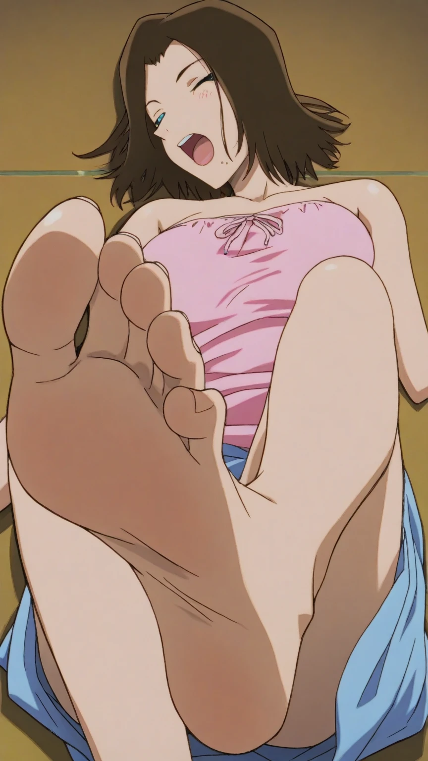 Anime girl sitting on a chair with Big Feet and pink shirt, Huge Art, Foot Art POV, Detailed feet POV, Big Feet, Foot pose, Tifa, Foot Art, !!Very detailed!!, Her slender legs will amaze you..., Naughty anime style, High Sole, High Resolution Rate、barefoot、only、Sweaty Feet, mashin sentai kiramager, to you_ooharu, Kiramei Pink