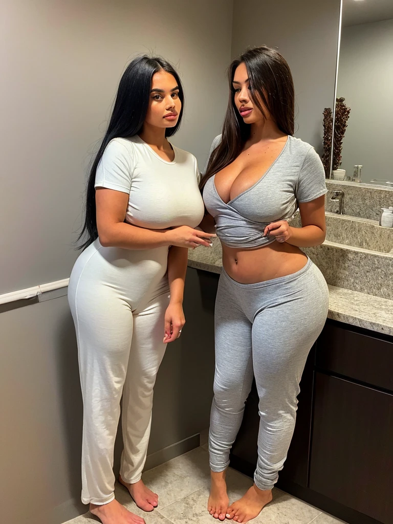 three asian girls wearing tight-shirts and long white yoga-pants (the girls express desire) (in middle of bed) (the girls surround a black african man)
