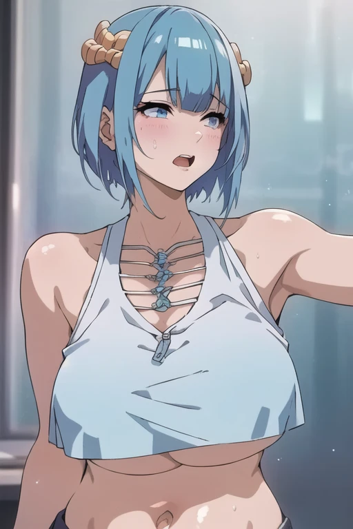 My name is Yumi, I am a white test woman with blue and white hair, red eyes and yellow. I am 1.64 cm tall and weigh 47 kg. My breasts measure 200 cm, my waist 60 cm and my hips 200 cm. Dressed in with a towel around the body and wet hair . With big breasts 300 cm