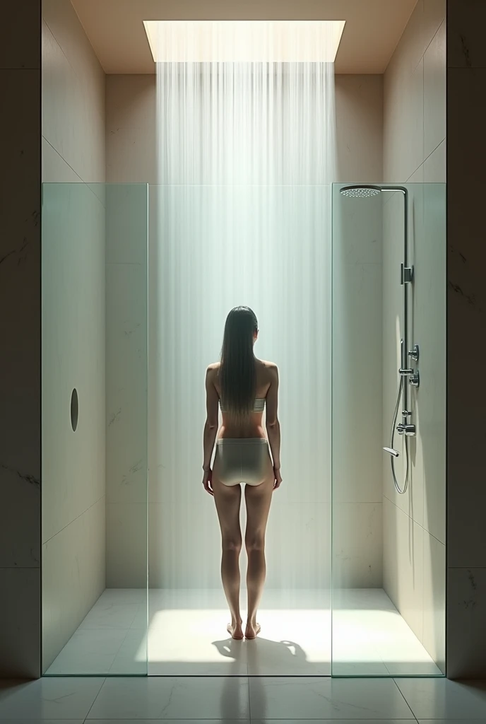 Black hair, hyperrealism, 8K, super detaill, Showering, full body, perfect body figure, matte painting, 3Dmm, unrealengine,