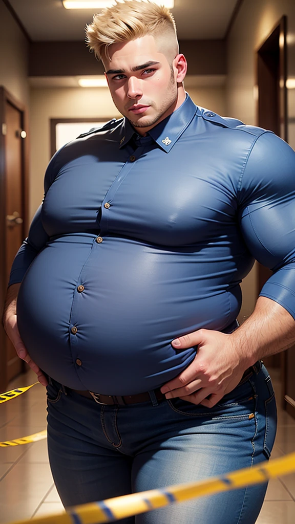Tall, strikingly handsome hunky young male data analyst, ginger fade haircut, chiseled masculine hunk face, muscular thick body and huge enormously fat pregnant like belly that hanging over tight belt, clad in tight formal shirt that covers his massive fat belly, and small tight jeans that showcase muscular legs and firm ass