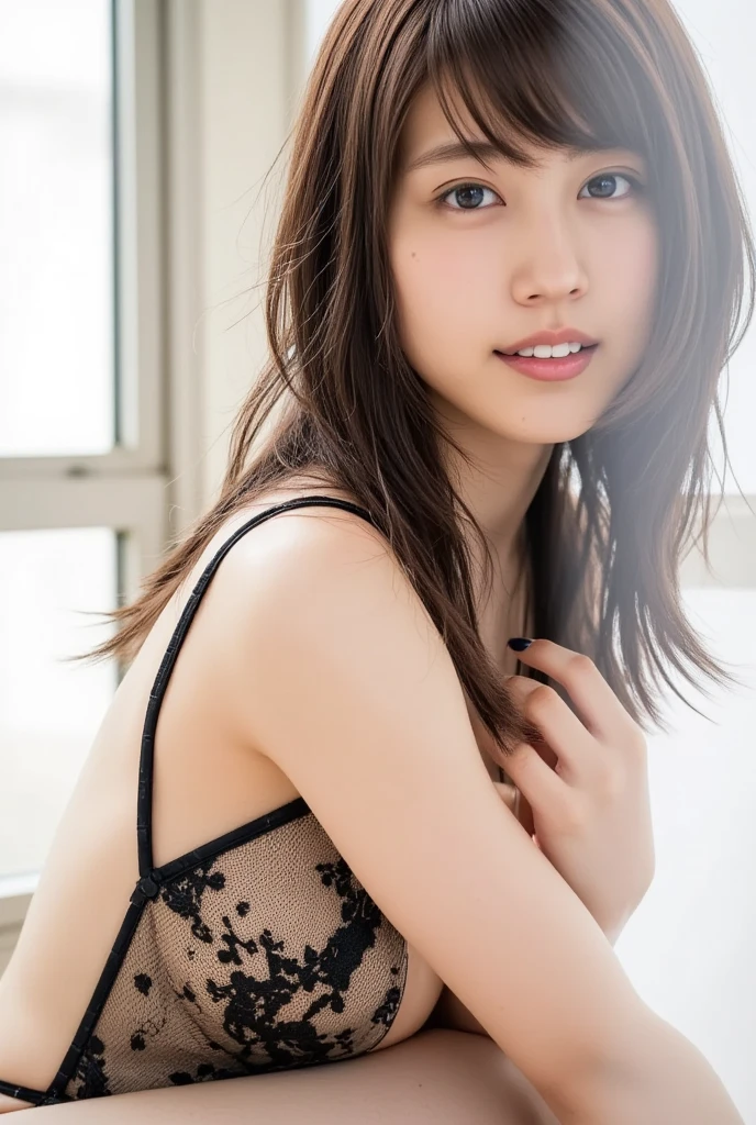 (8K、Raw photography、top-quality、​masterpiece:1.2)、(realisitic、Photorealsitic:1.37)、Half Body Shot Super Detail、超A high resolution、女の子1人、see the beholder、beautifull detailed face、A smile、Whole body 3/4、Ultra mini skirt、Tank Tops、poneyTail、Beautiful belly button、Beautiful bust、Constriction、(Slim waist) :1.3)、The shirt、Beautiful detailed skin、White panty、Skin Texture、floated hair、profetional lighting、middlebreasts、eyes gentle