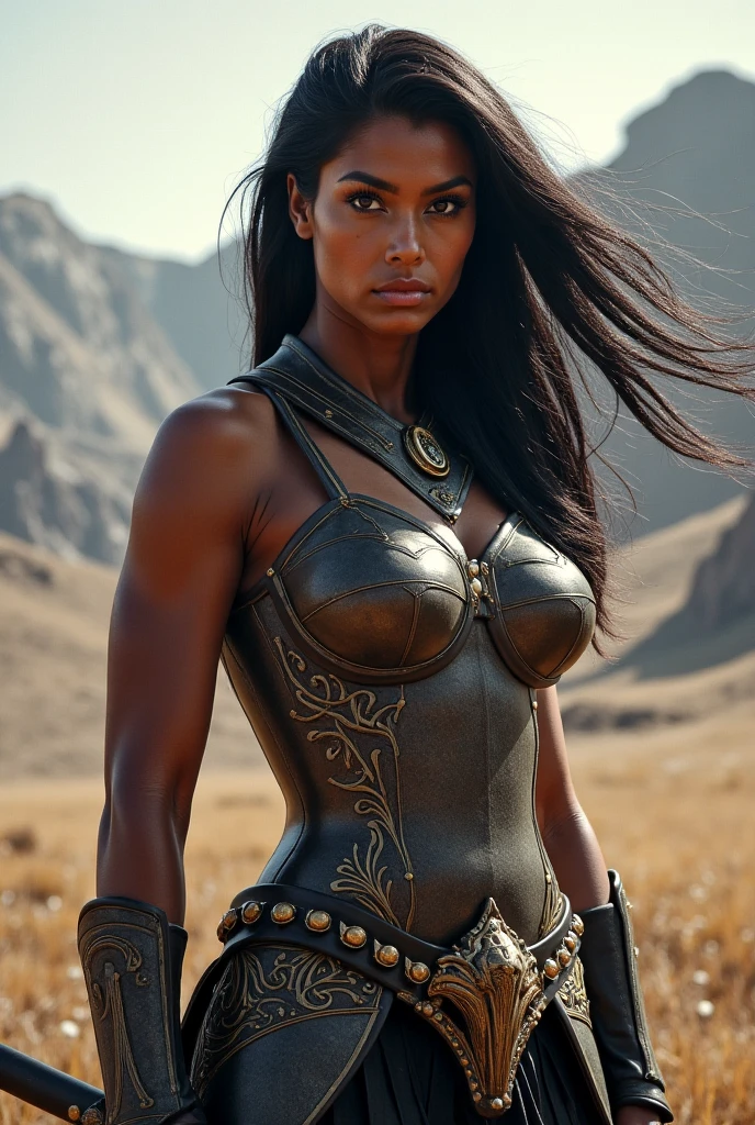 A woman dressed as a MEDIEVAL WARRIOR, Steel sword in hand, Concentrate on the front part, becomes a curvy physique, Beyonce in shape toned, thick, thick thieves, Beyonce in shape, fit woman, fitness model, muscular thicc thighs , Physical aptitude, thicc thighs! toned body, Giant tits, ebony skin tone, Long wavy hair, Giantess woman, Fine body, on battlefield, chuva pesada, fog, body soaking wet, cinematic: black andwhite, Excellent lighting
