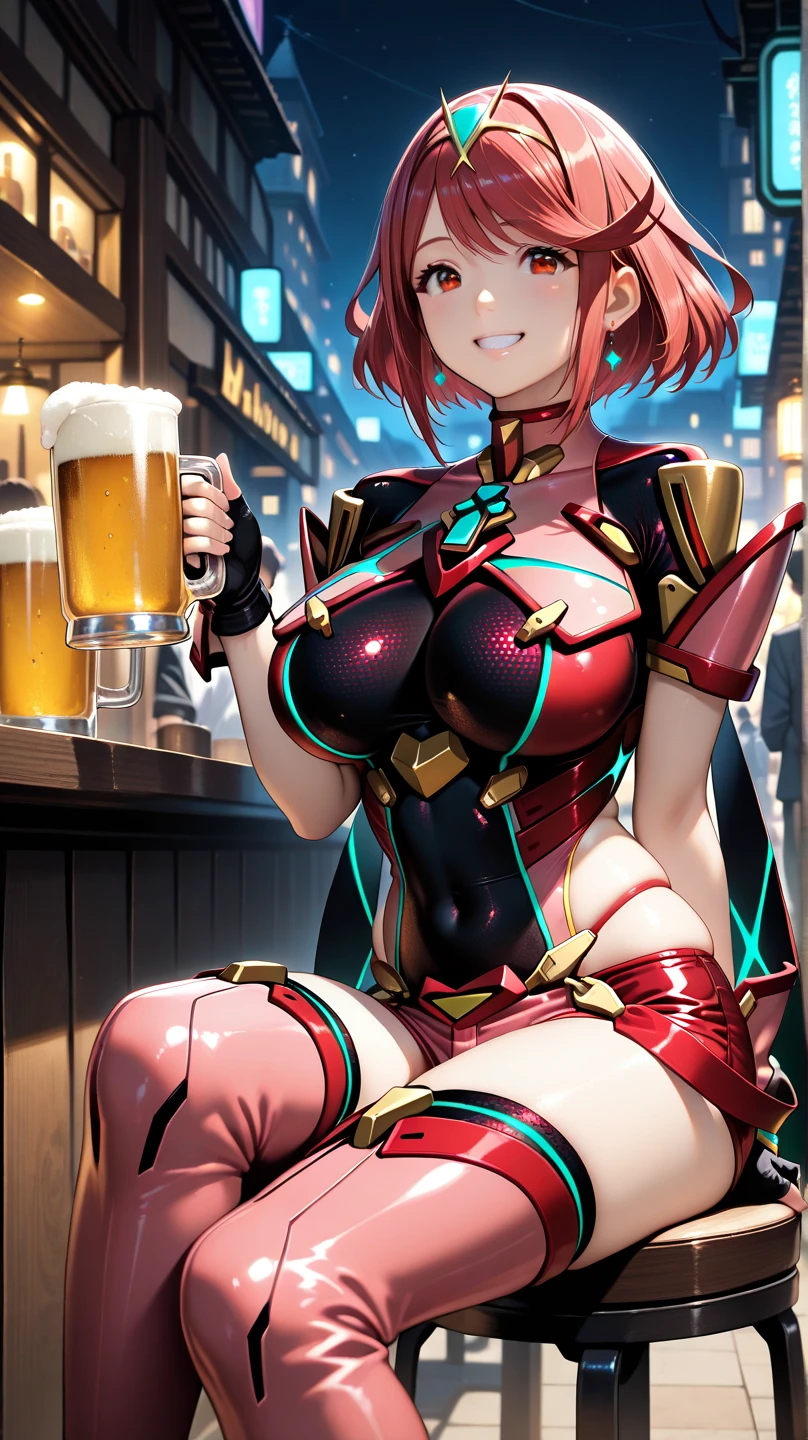 Erotic Anime Illustration、highest quality、cyber punk、Xenoblade Chronicles 2、Homura、Selling aphrodisiacs、Red Hair、Dark basement pub、Concrete wall、Neon sign、Exposed piping、bar counter、Voluptuous Companion、Perfect proportions、Big Breasts、Thick legs、Red Rash Guard、Opening her legs to expose her vagina、Beautiful, shining eyes、smile、Cowboy Shot