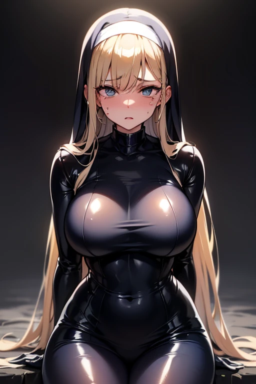 nun, long blonde hair, droopy eyes, large breasts, thick thighs, black pantyhose (sleeveless, high neck, high leg), girl on all fours, bangs cover one eye