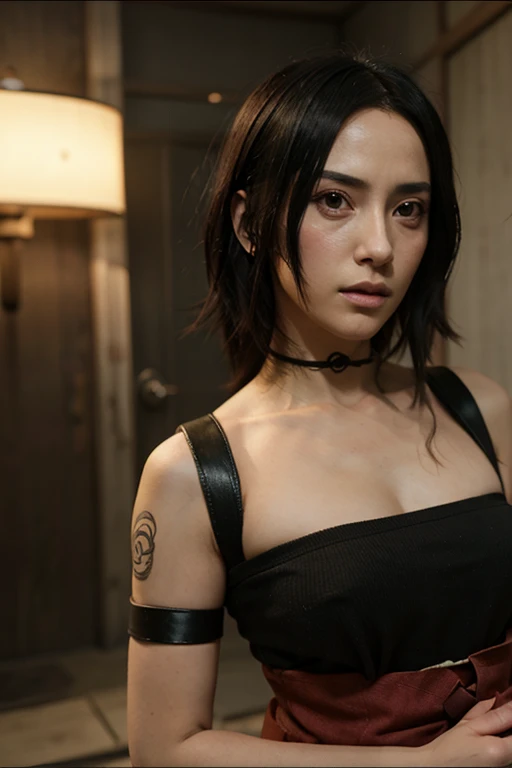 Girl with short hair wearing black and orange anime superhero costume with brown eyes and my hero academia with a red necklace