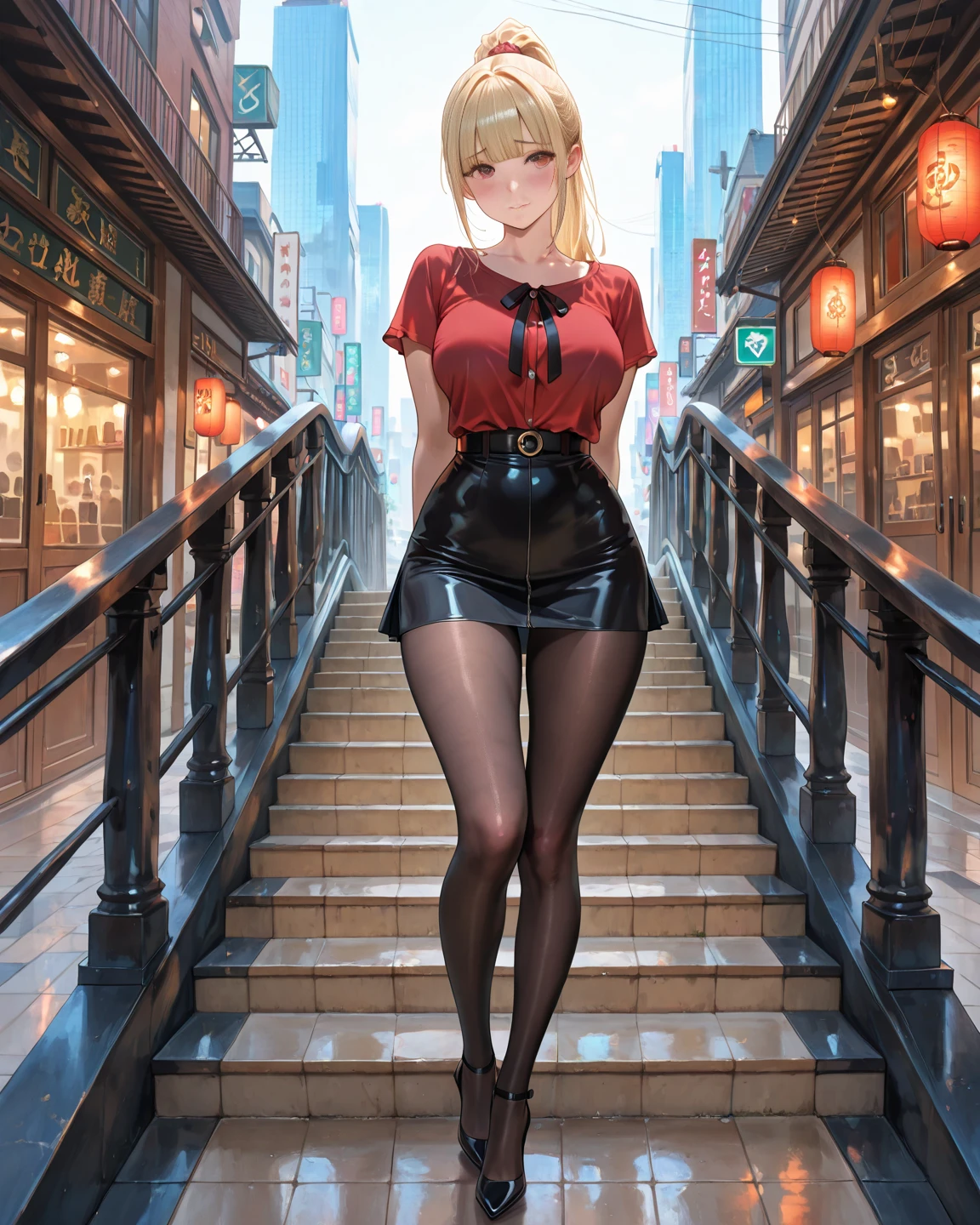 masterpiece, best quality, highres, blue eyes, serena \(pokemon\), 1girl, solo, thighhighs, long hair, hat, jewelry, bracelet, (black thighhighs:1.2), collared shirt, pleated skirt, red skirt, sleeveless, high-waist skirt, sleeveless shirt, eyelashes, pink headwear, black shirt, eyewear on headwear, (full body:1.5), giantess, smile, (from below:2), (thick thighs:1.4), looking down at viewer, upskirt, character_pokemon_serena, gts, (large breasts:1.5), field, (looming:1.3), mature female, high quality, hd quality, masterpiece, photorealistic, stepping, shoe soles, close-up foot, intense angle, :), (Sitting on Building:1.6), very low angle, female pervert, toragao, licking lips, licking own lips, smile, (sitting:2), knee up, GTScity, giantess, city, buildings, perfect hand, black panties,