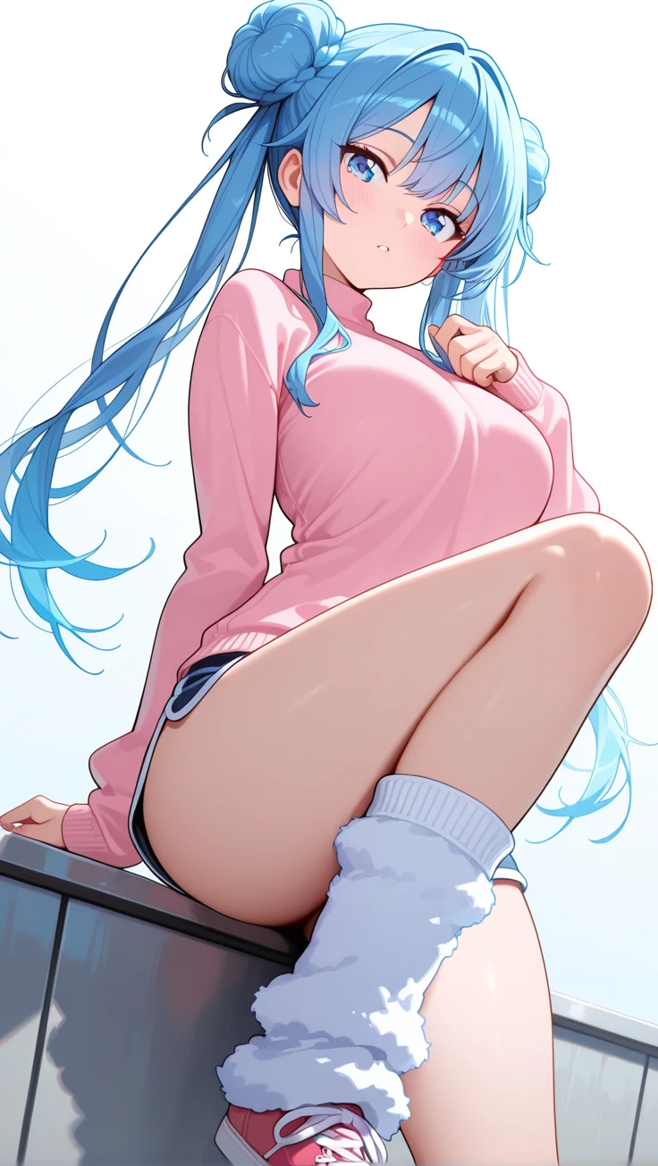 Second Dimension、pretty girl、sister、From below、front、Big Ass、Thick thighilk、Shorts、Pink hoodie、smile、Blushing、Open your mouth、Green Eyes、Long Hair、Light blue hair、Dark Room、curtain