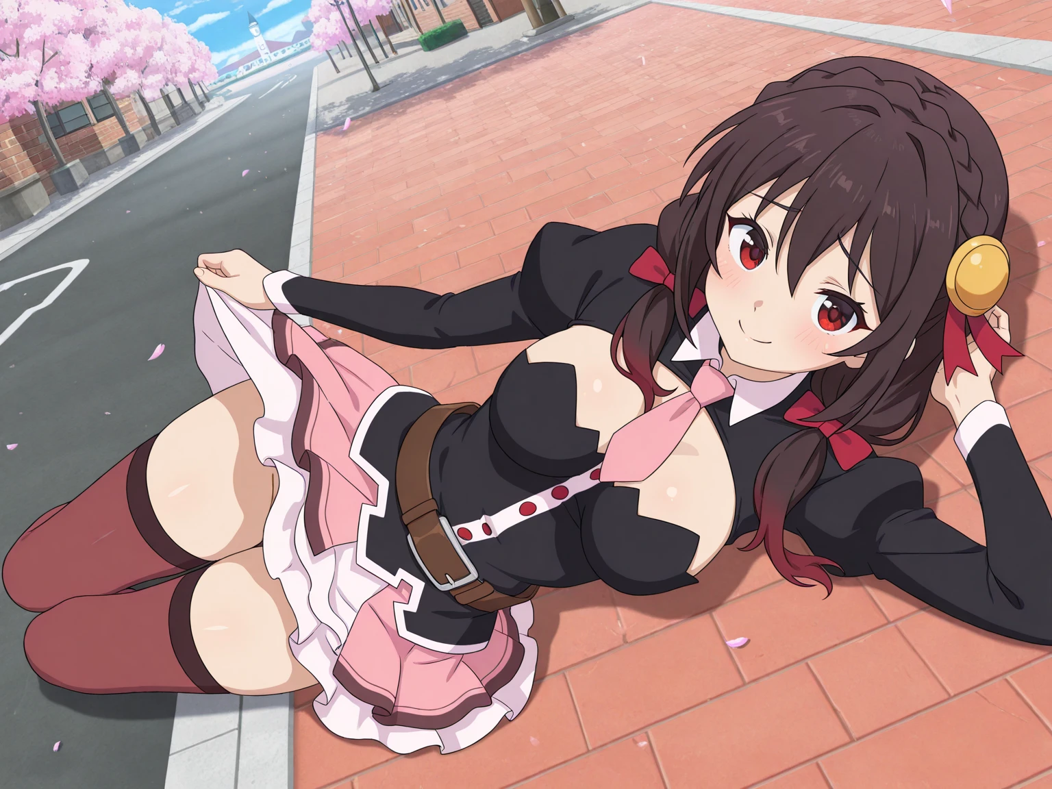 (masterpiece, Highest quality), One girl,    Yunyun,Long Hair,Braiding,Twin tails,Hair between the eyes,Red hair ribbon,hair ornaments,large round breasts,、Pink Skirt、Black Hair、Crown Blade,Black Shirt, Long sleeve,Pink tie, belt, Cleavage cutout、Above the knee、(blush:1.2)、Young face、(Puffing out cheeks and sulking)、The underwear is pink、Fluttering Skirt、View the viewer
