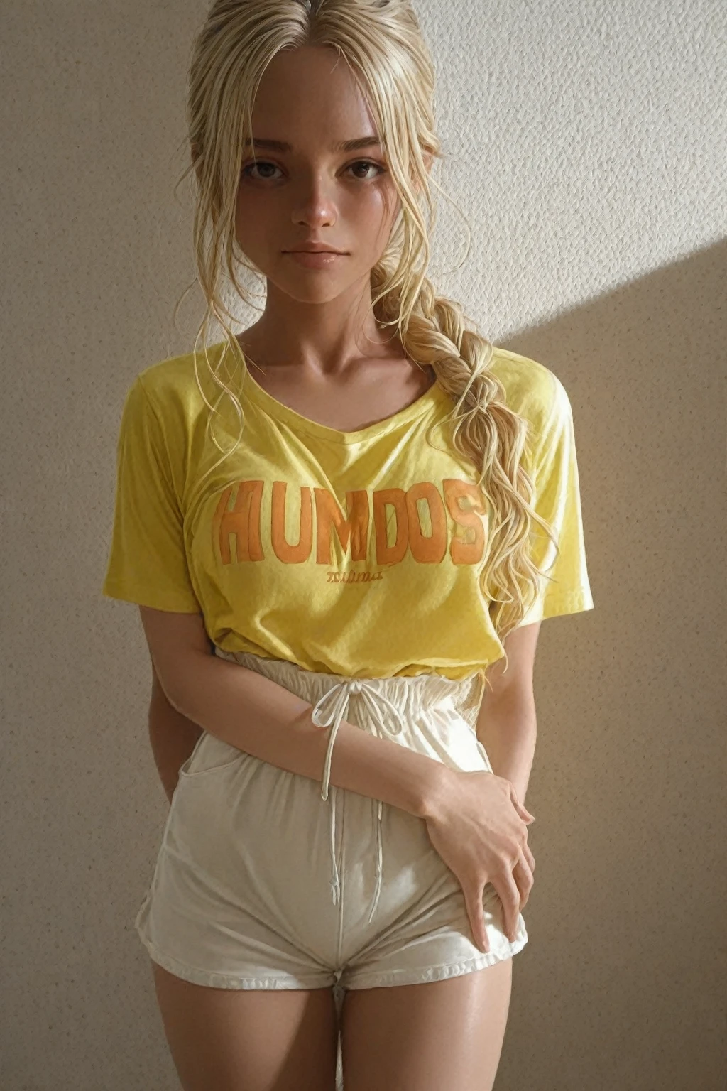Mujer arafed con camisa amarilla con una inscripcion que diga "Margot, Maria, Magdalena" y pantalones cortos blacos posando para una foto., Vestido con una camiseta amarilla, con camiseta rasgada, croptop, Recortar arriba, Prenda amarilla casual, Uso de Recortar arriba, Ropa amarilla de moda, Llevar un tops recortado, Parte superior amarilla, Llevar un top recortado, Ropa blanca casual, Ropa blanca de moda, camiseta amarilla, Photography background a beach place