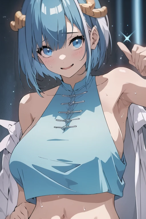 1girl in, fox ear, light blue short hair,bangs pinned back,Ahoge,Colored inner hair, Yellow eyes,Cute, blush, medium breasts, naked, hiding her breasts with her arms
