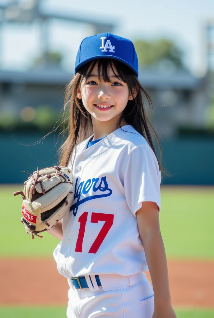 Softball Stadium、8K,masterpiece,Japanese,A cool 9-year-old girl,National Idol、from the front,smile,Innocent face,Calm Eyes,Childish,Small flat chest,Baseball uniform、,Short sleeve,Short pants,Straight ponytail,noon,bright,Sweaty delicate body、 body type、