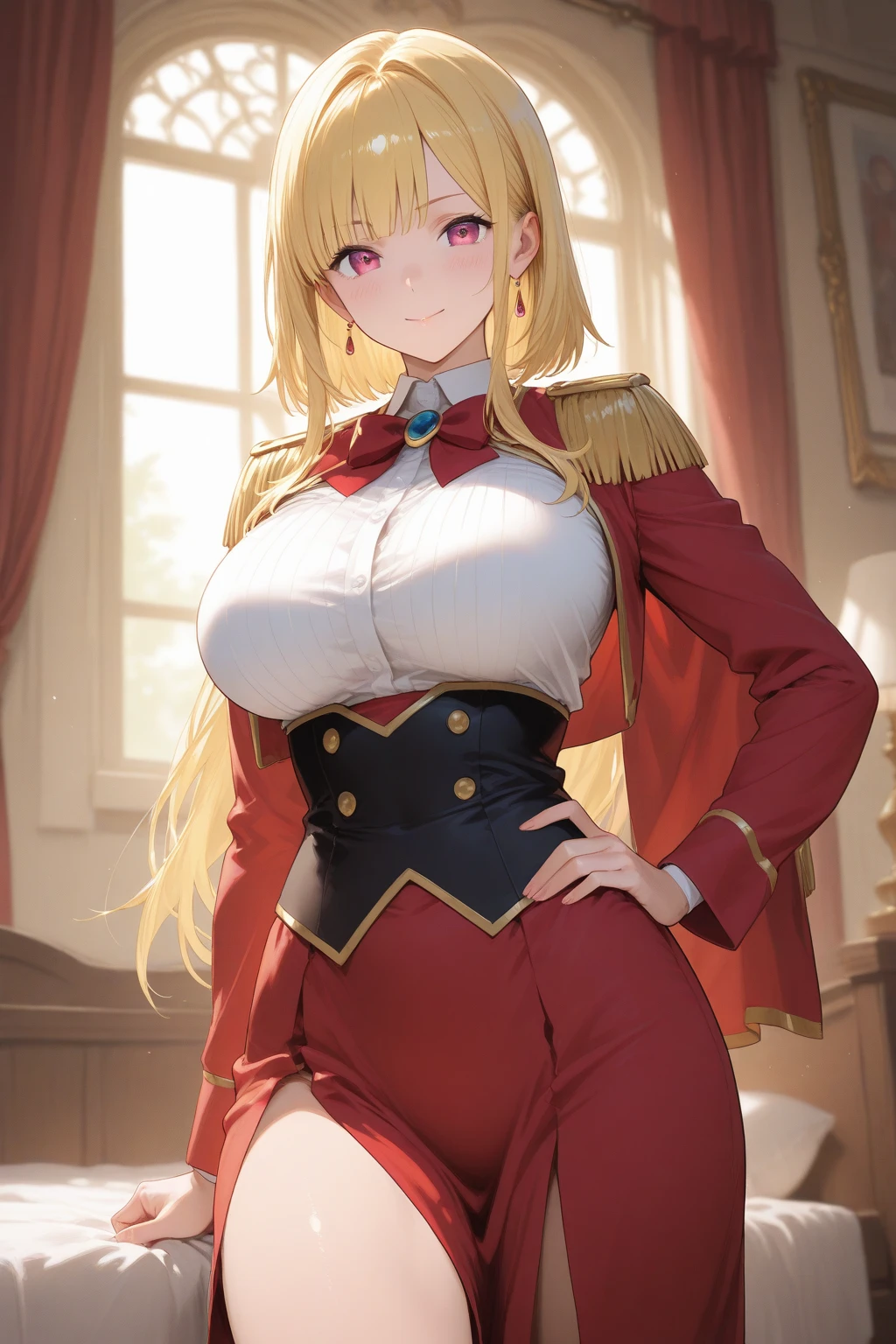 Fugonero, Nero, Ahoge, Blonde hair, (Green eyes:1.5), hair between eye, Hair intake, Smile, grin,BREAK bow、Grouping、Braided bread、buttoning、amputated、Cleavage cutouts、Clothing clippings、doress、epaulette、French braiding、gold trim、Odango Hair、juliet sleeves、long-sleeve、Puffy Sleeve、Red bow、RED dress、side locks、Single Hair Bread、BREAK looking at viewer, BREAK (masutepiece:1.2), Best Quality, High resolution, Unity 8k壁纸, (Illustration:0.8), (Beautiful detailed eyes:1.6), extra detailed face, Perfect Lighting, extremely details CG, (Perfect hands, Perfect Anatomy),Western castles、Naughty big、large full breasts、