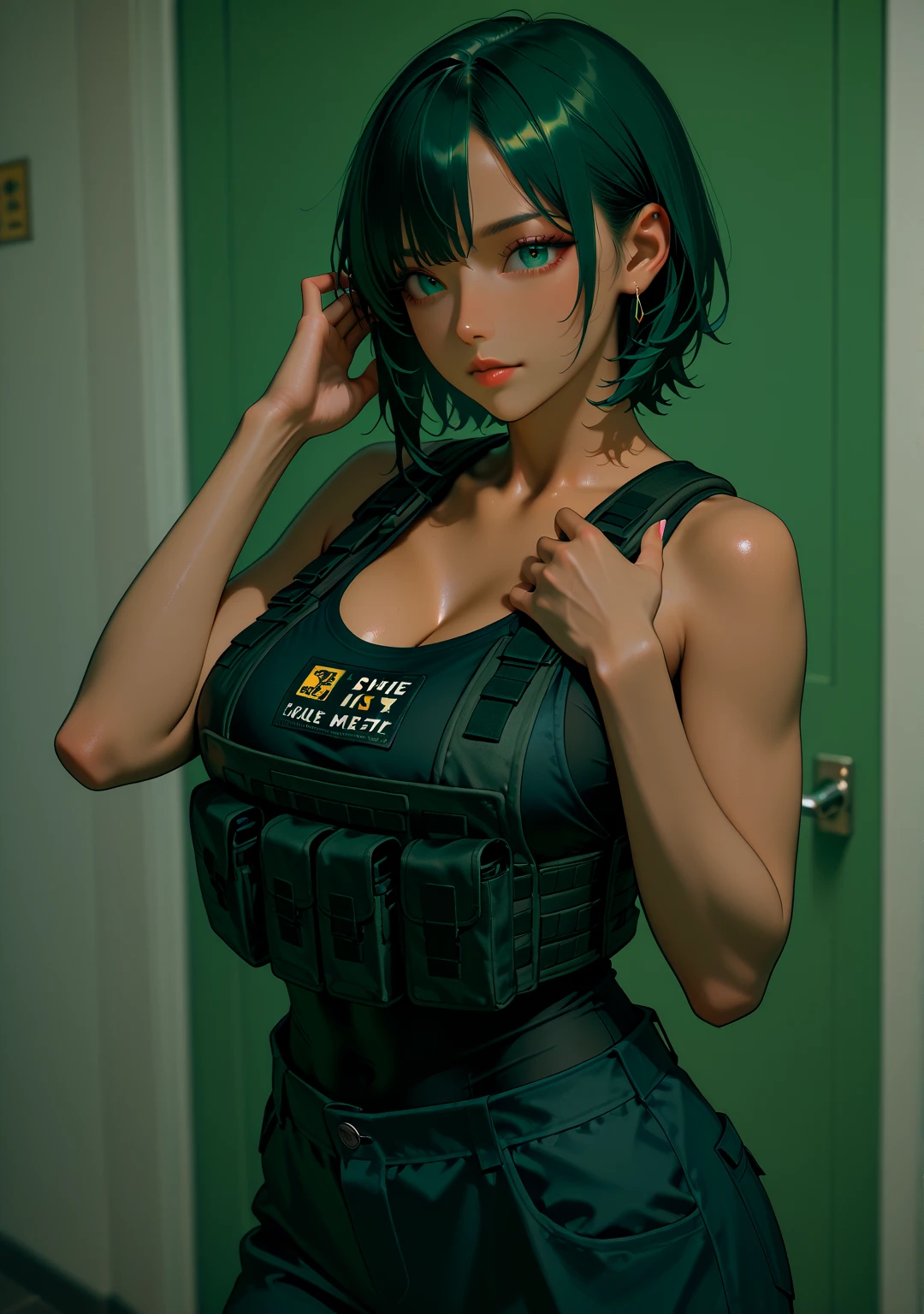 (Masterpiece: 1.21), (Best Quality), Highly Detailed, Ultra Detailed, 1 Short Hair Girl, (Black Hair:1.2),(Glow Eyes, crop tank top), (Large Light Blue Eyes:1.2),(Cyberpunk: 1.2), (Fantasy Landscape: 1.2, Natural Daylight: 1.5, Confident Expression), (Pert Breasts:1.2),(Panorama: 1.2), Smile, Angle, Alita, Cyberpunk Dark Black background