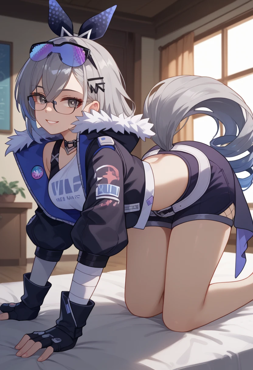 girl, solo, long hair, breasts, looking at viewer, blush, bangs, simple background, hair ornament, gloves, white background, ribbon, hair between eyes, bare shoulders, sitting, closed mouth, jacket, full body, ponytail, grey hair, shorts, barefoot, black gloves, hairclip, looking back, fingerless gloves, off shoulder, official alternate costume, grey eyes, fur trim, short shorts, back, sunglasses, eyewear on head, fur-trimmed jacket, squiggle, spoken squiggle