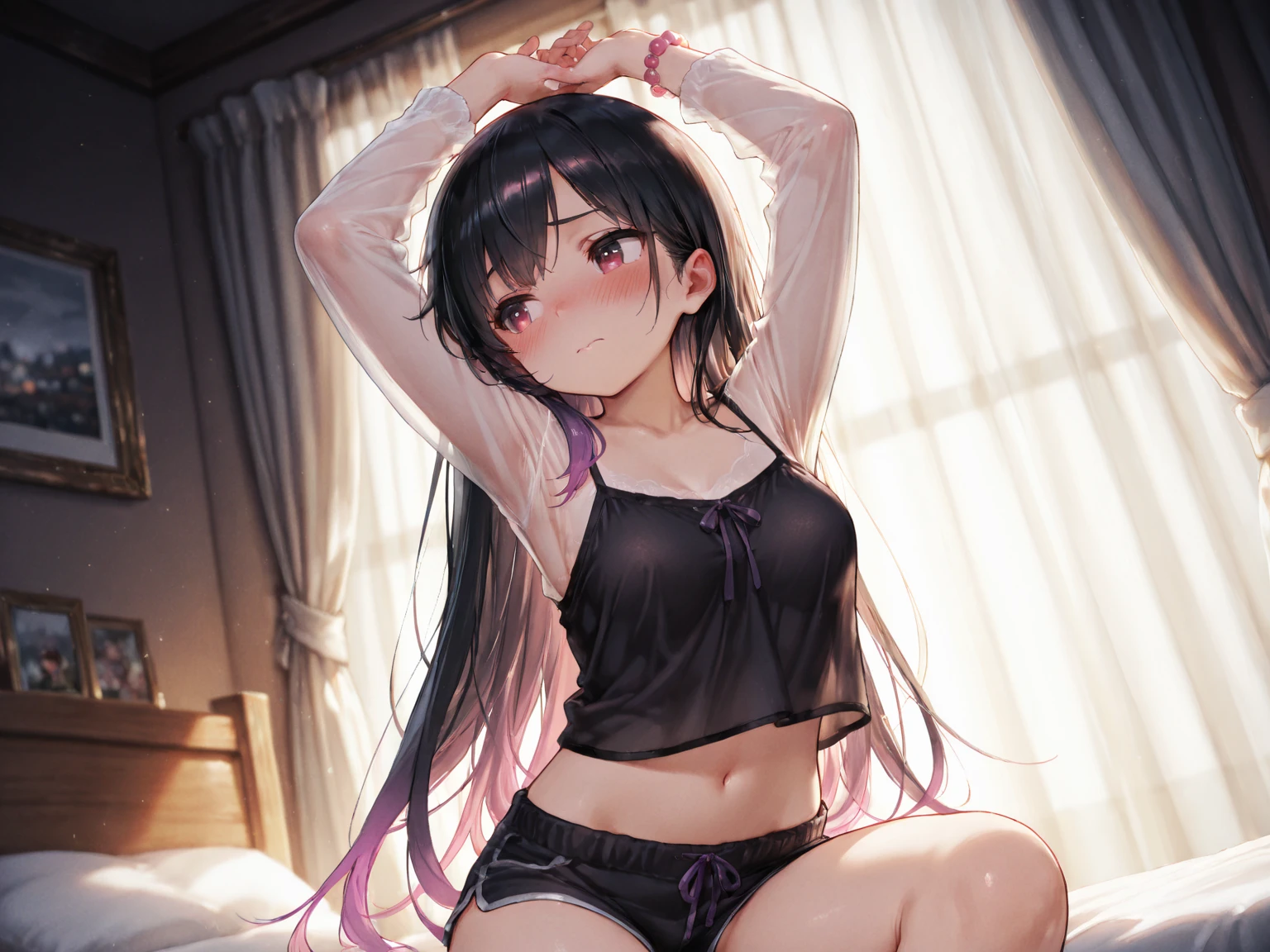 (64k, Raw photo, highest quality, Masterpiece 11.4), (realistic, photo-realistic:1.37), Photo of a Japanese girl wearing black clothes((Loose)camisole), nature(medium breasts:1.35), (micro:1.4)lace panties, avert your eyes, (K-POPアイドル), ((liar on the bed)), liar, messy hair, medium hair, (pink blush), (lit), [[spread your legs, spread your legs]], (alone), dynamic pose, (female pubic hair), (puffy eyes:1.3), (slim legs), HDR, very detailed, ambient occlusion, nature, harmonious composition, fine art photography,Purple and blue gradation eyes wrapped in the mystery of the universe,(string bikini:1.2)、perfect lighting, (perfect hands, perfect anatomy)、whole body（1:2）,Strengthen a man&#39;s muscular pussy（1:2）、flashy type、Lewd、Drool（1:2）、There are black stains on the pants（1.5）、bold performance、ideal sexual situation、The moment when intercourse begins、risque underwear with stains、The groin area is clearly defined、Shadows on underwear、different hair colors、Wet、masturbation(1.2)