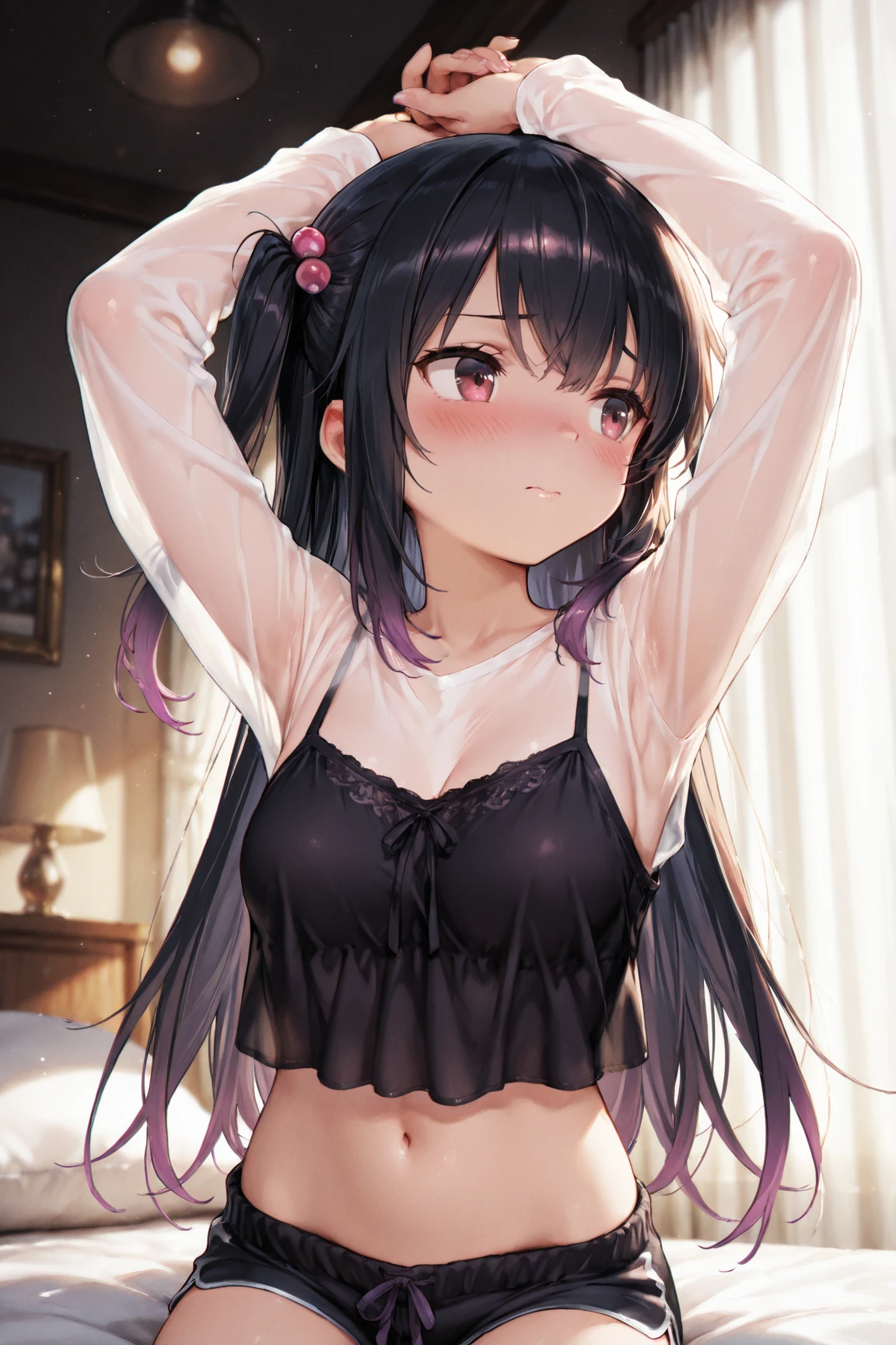 masterpiece, The Highest Quality, well detailed, SushangV4, 1girl, alone, lying down on bed, total body, long hair, Bra, breasts, small breasts, pigtail, lingerie,,, large thighs