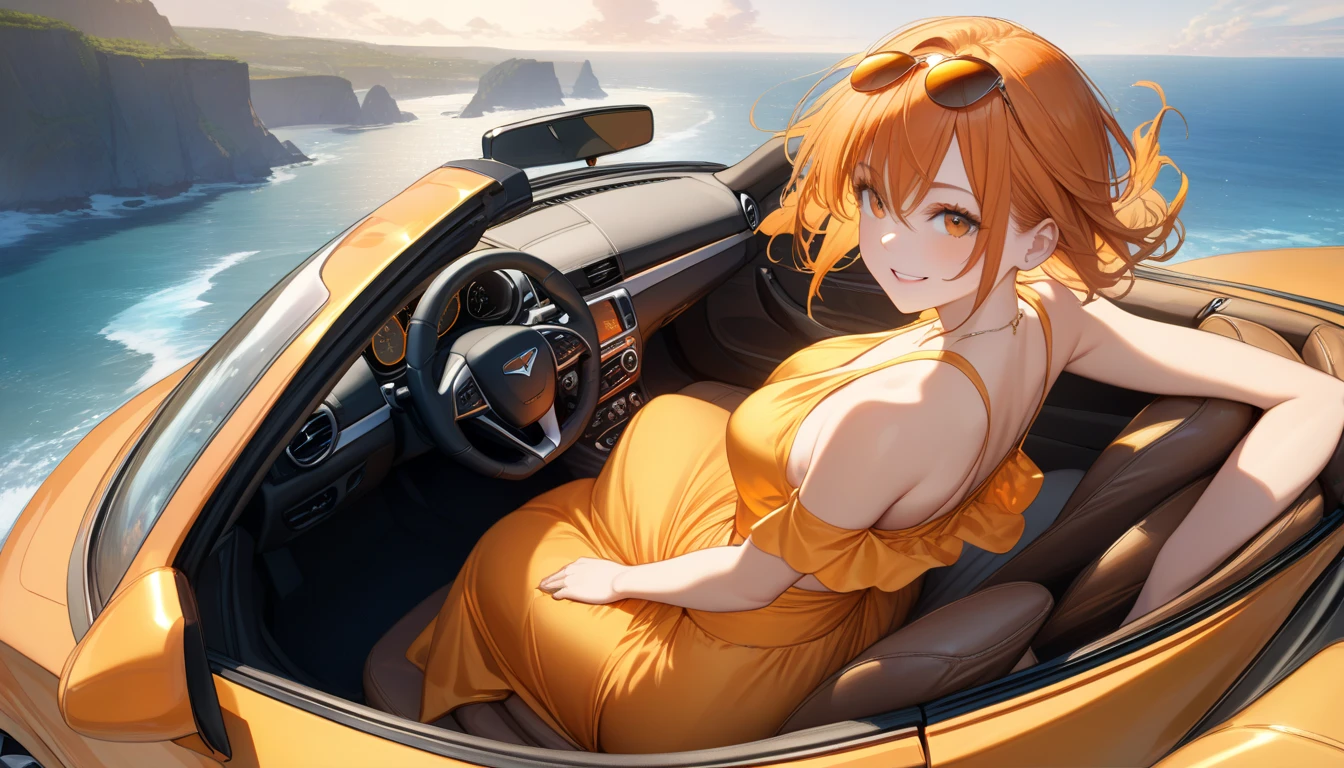 The theme is a scantily clad woman driving an open car along a seaside road.、Please draw a scene of the sun setting.。Woman wearing sunglasses、She is wearing a loose dress、The orange sea and sky spread out in the background.。