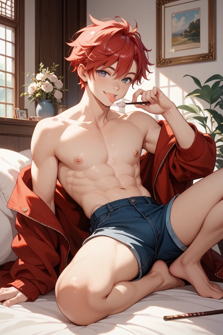 (masterpiece, best quality),1boy,(younge boy,???'s face,Juvenile faces),a baby face,(Lewdness),infancy,sideface,Naked lying flat in the snow,Lewd expression,,infancy,Young age,Short round face,Flat chin,Fine face in detail,Colored briefs,musculous,Short bright orange hair,Sky blue eyes,opens his eyes wide,复杂,full bodyesbian,nakeness,Lewdness,Teal briefs,Pectoralis abdominal muscles,the night,themoon,vivd colour,(depth of fields:1.2),(abs),looking at viewert,Lie flat on the snow,spread their legs,Arms open,Falling snowflakes,There are a lot of diamond-shaped ice cubes on the ground,cold temperature