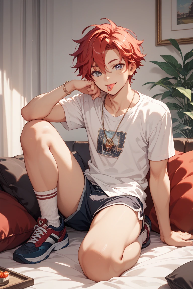 A femboy wearing white thigh highs, a red oversized hoodie and jean booty shorts with a really small amount of makeup, his hair even tho short he had styled it in a way which made it look girly, pink eyes, pink hair ,19 years old , messy hair, anime art style 