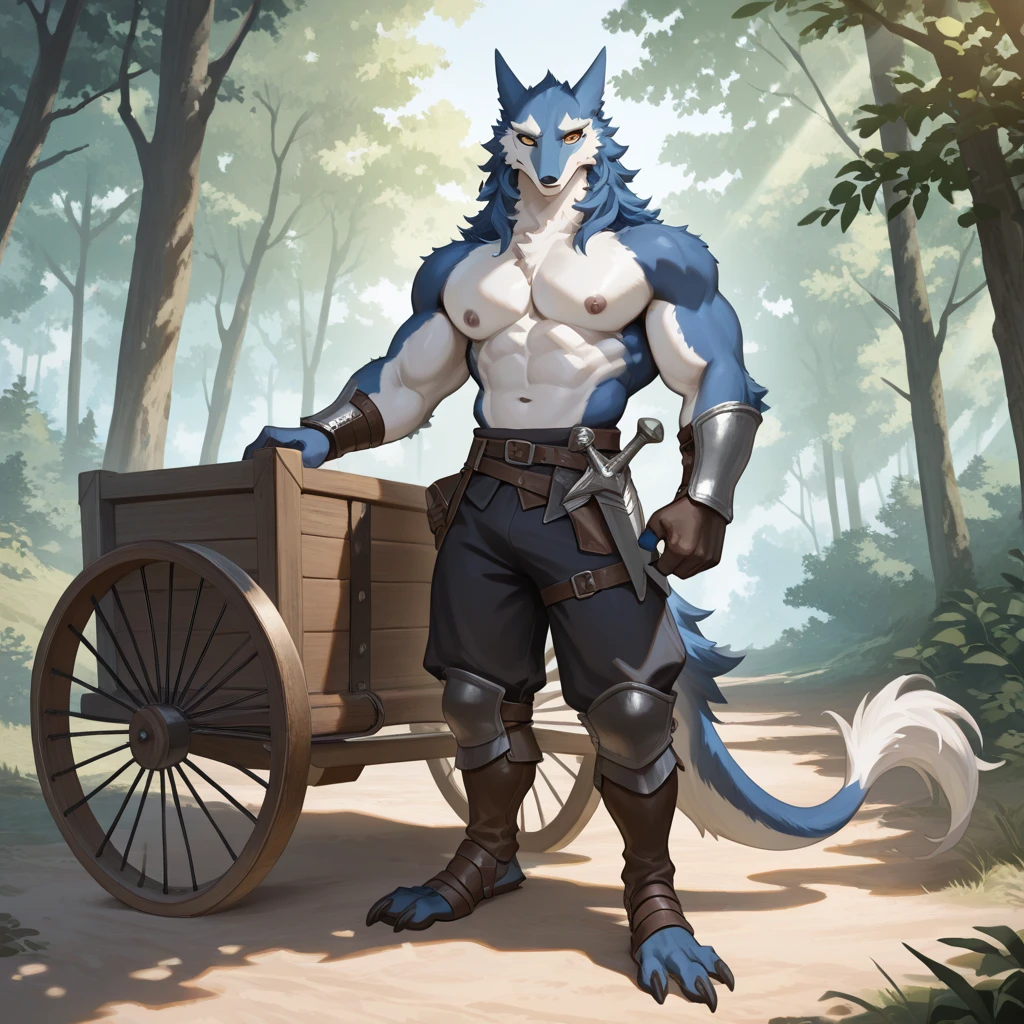 Nargacuga from monster hunter, male, black balls, black large flaccid penis, forestskin, angry pose, primitive clothes, by bebebebebe, small waist, large legs, feral, perspective, muscular, village, grass, standing, hands in hips