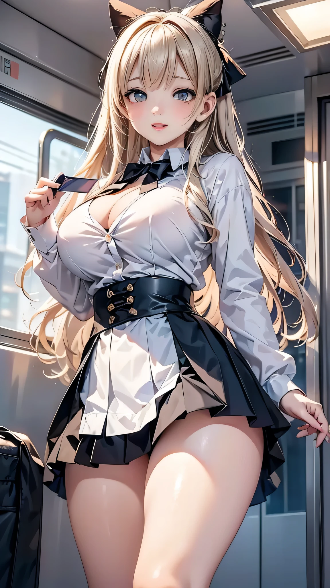 1womanl,33yo,MILF,Bigchest,Raised sexy,Pornographic exposure, solo,Beauty contests,standing on your feet(Background with:aerodrome,snow mountains,Planes,at winter season,Blizzarding,Big snowflakes)in an airplane, She has long blonde hair,Long hair flutters in the wind,Redlip,Black girl,dynamicposes,Sweat profusely,drenched all over the body,seen from the front, hair straight, mostly cloudy sky,(((tmasterpiece),(Very detailed CG unity 8K wallpaper),best qualtiy,cinmatic lighting,detailed back ground,beatiful detailed eyes,Bright pupils,(Very fine and beautiful),(Beautiful and detailed eye description),Blue eyes,Redlip,ultra - detailed,tmasterpiece,)),facing at camera,(The upper part of the body),A high resolution,ultra - detailed),revealing breasts,Bare genitalia, Bulge,legs are open,sexyposture,Camel toes,Flushed complexion,Open-mouthed,frontage,stewardess,Boat type cover(Wearing:White transparent flight attendant uniform,Large colored bow tie,Sexy black miniskirt)